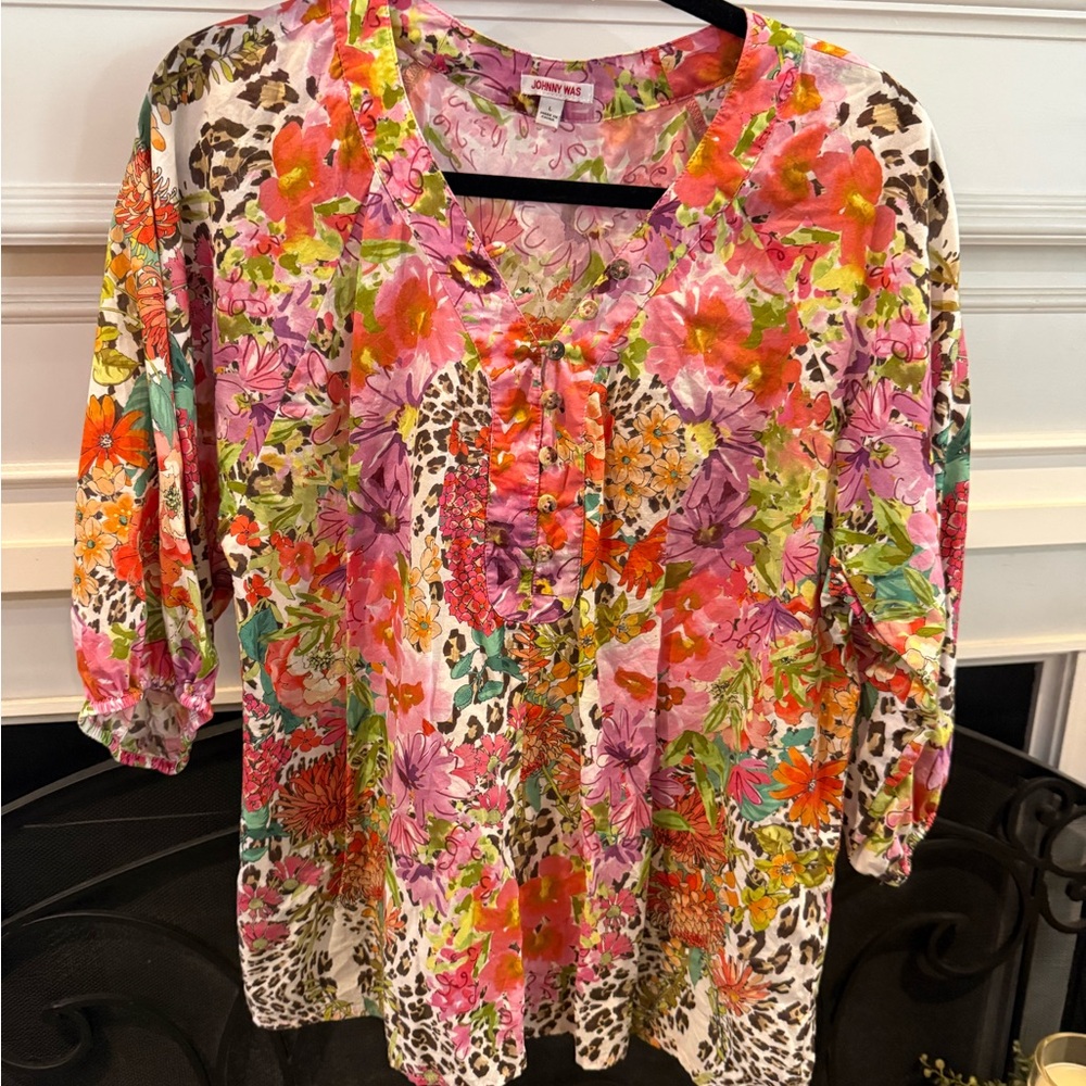Johnny Was Multicolor Floral and Leopard Blouse